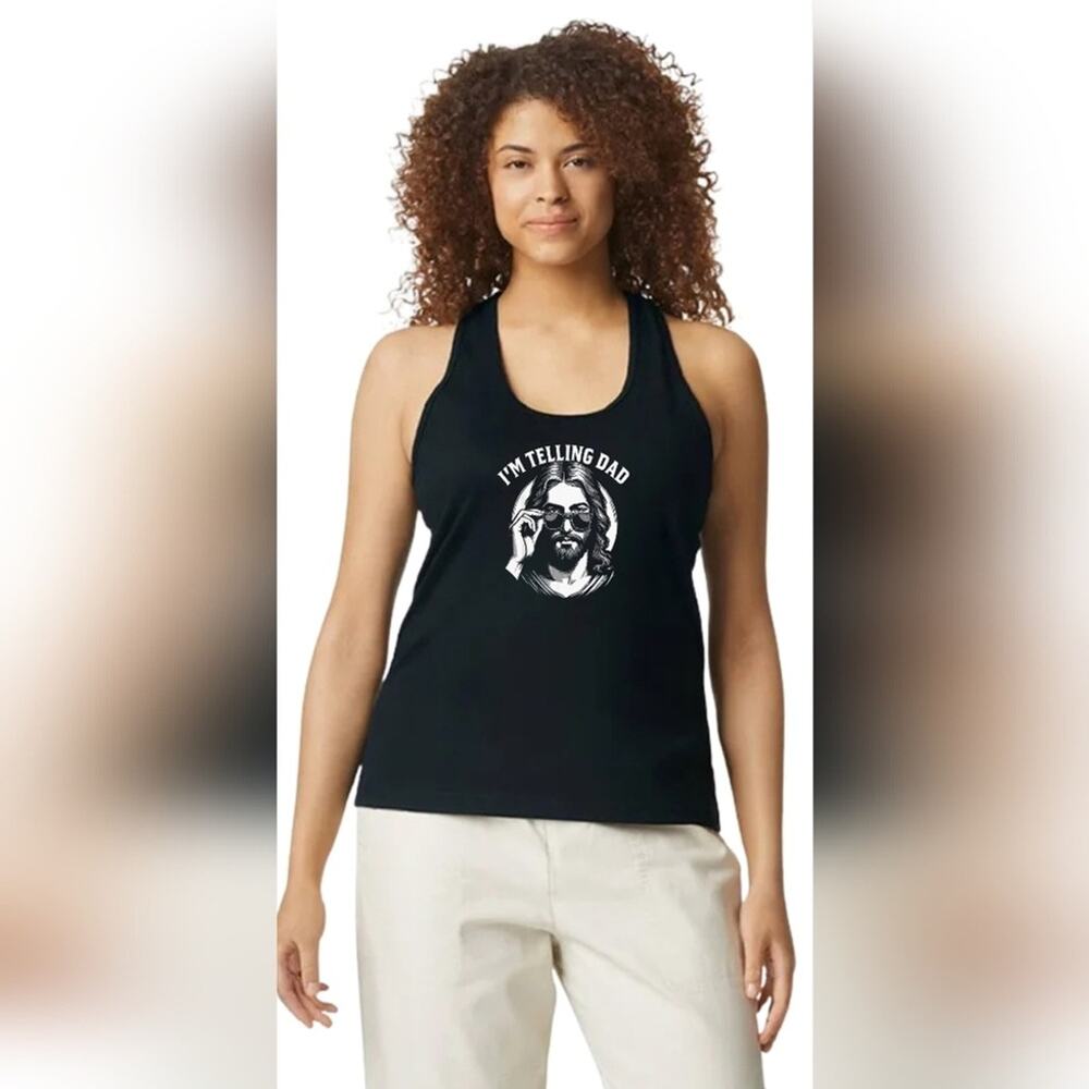 Black Graphic Racerback Tank - "I'm Telling Dad" Biblical Top